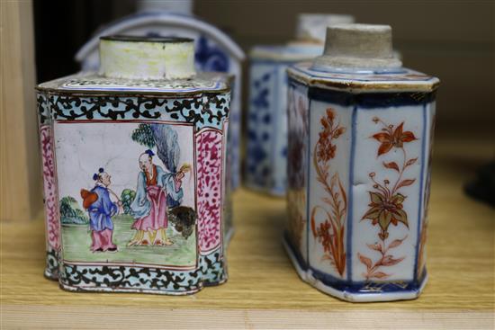 Two Chinese enamel tea caddies and three porcelain caddies largest 11cm